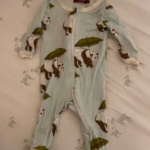 Milkbarn panda Print Kids One Piece - Green and White / 3-6 mo